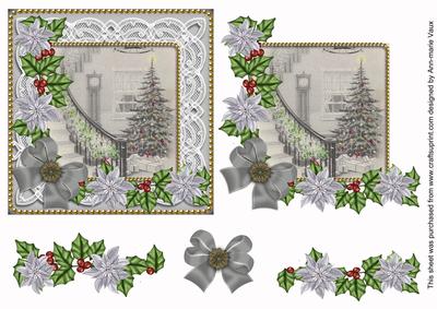 Grey Christmas Tree Poinsettia Decoupage Step by Step Sheet