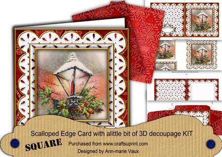 Christmas Lantern Red Anglaise Scallop Square 3D Card Kit
