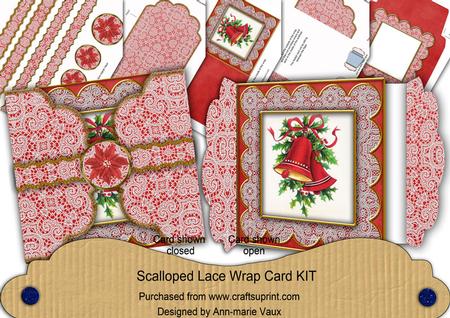 Christmas Bells Red Poinsettia 3D Scallop Wrap Card Kit