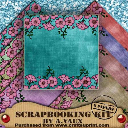 Pink Floral Edger Mid Tea 8 Scrapbooking Papers Kit
