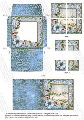 Pretty Snowscene Blue Poinsettia Card Envelope Quad Stacker