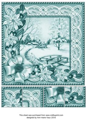 Pretty Snowscene Teal Tone Poinsettia 8in Picture Topper
