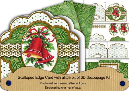 Christmas Bells Green Anglaise Scallop 3D Decoupage Card Kit
