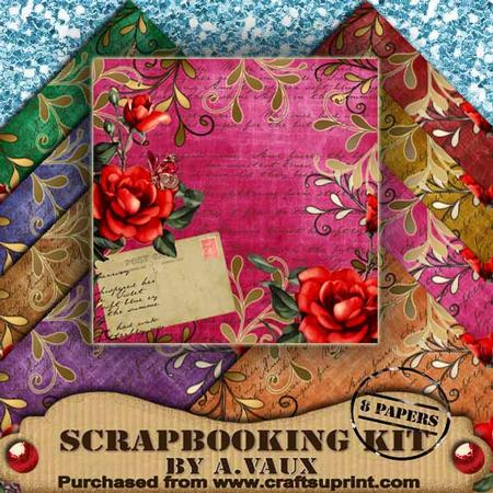 Rose Postcard Vintage Tea Dark 8 Scrapbooking Papers Kit