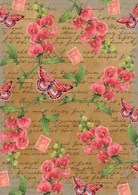 Vintage Tea Coloured Sweet Pea Stamp A4 Backing Paper