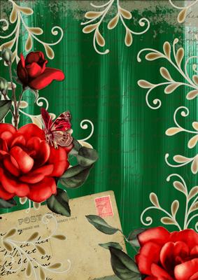 Dark Green Colour Red Rose Painted Postcard A4 Backing Paper