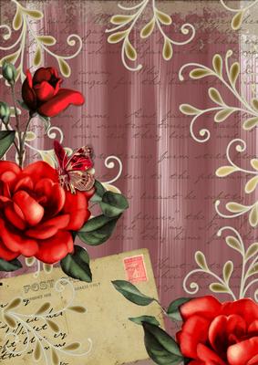 Dusky Pink Colour Red Rose Painted Postcard A4 Backing Paper