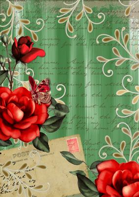 Mid Green Colour Red Rose Painted Postcard A4 Backing Paper