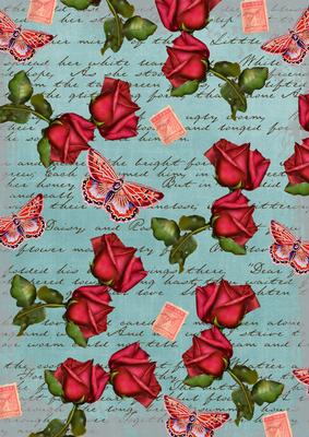 Dusky Teal Rose Vintage Stamp A4 Backing Paper