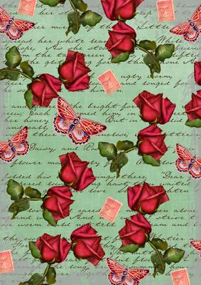 Mid Green Rose Vintage Stamp A4 Backing Paper