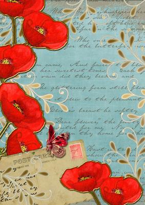 Dusky Teal Red Poppy Postcard A4 Backing Paper