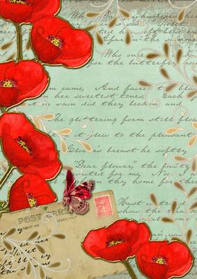 Mint Green Red Poppy Postcard A4 Backing Paper