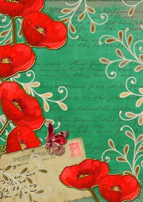 Dark Green Red Poppy Postcard A4 Backing Paper