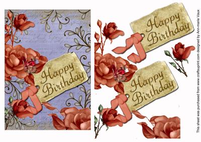 Peach Roses Blue Happy Birthday Tag Step by Step Sheet