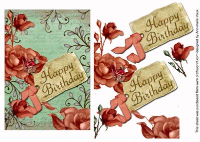 Peach Roses Mid Green Happy Birthday Tag Step by Step Sheet