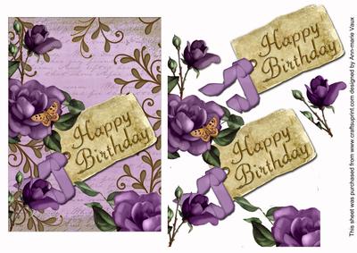 Purple Roses Lilac Happy Birthday Tag Step by Step Sheet