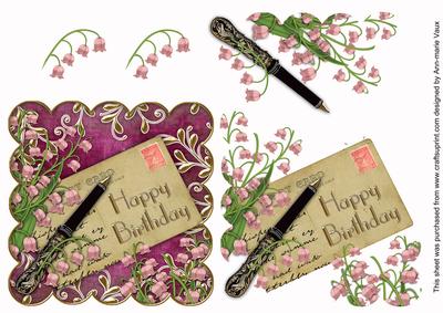 Pink Lily of the Valley Happy Birthday Postcard Step by Step