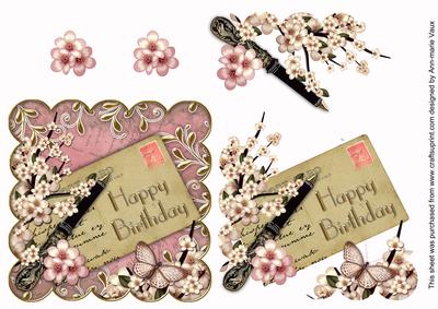 Pale Pink Blossom Happy Birthday Postcard Step by Step