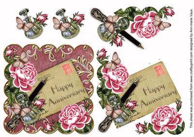 Pink Roses Happy Anniversary Scallop Postcard Step by Step
