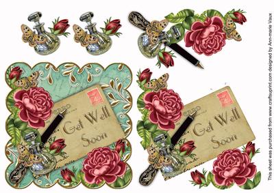 Pink Roses Aqua Get Well Soon Postcard Step by Step