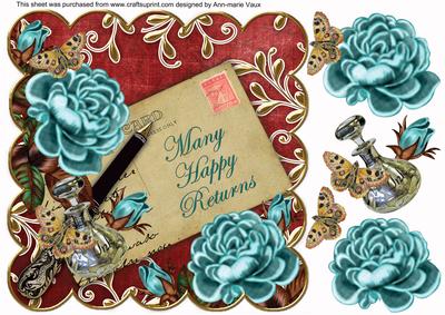 Teal Roses Red Many Happy Returns 8in Decoupage Topper