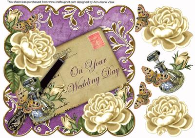 Cream Roses Purple on Your Wedding Day 8in Decoupage Topper