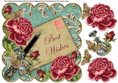 Pink Roses Aqua Best Wishes Scallop 8in Decoupage Topper