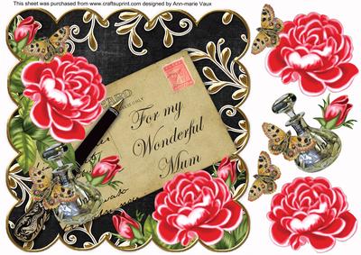 Red Roses Black Wonderful Mum Scallop 8in Decoupage Topper