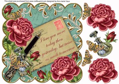 Pink Roses Aqua Love You More Postcard 8in Decoupage Topper