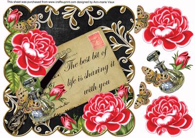 Black Roses Red Best of Life Postcard 8in Decoupage Topper