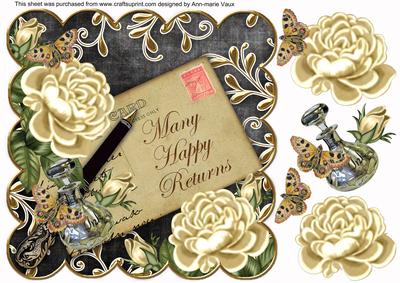 Cream Roses Black Happy Returns 8in Scallop Decoupage Topper