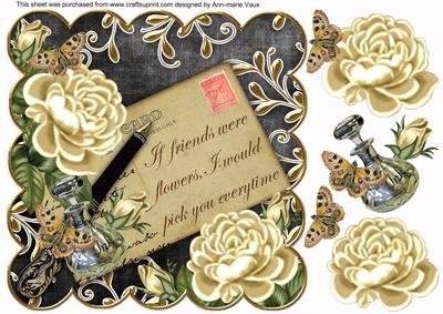 Cream Roses Black If Friends 8in Scallop Decoupage Topper