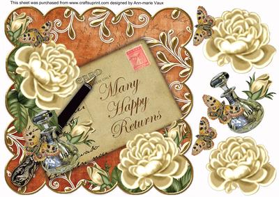 Cream Roses Burnt Happy Returns 8in Scallop Decoupage Topper