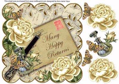 Cream Roses Happy Returns 8in Scallop Decoupage Topper