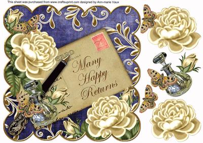Cream Roses Dblue Happy Returns 8in Scallop Decoupage Topper