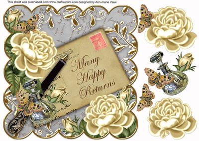 Cream Roses Silver Happy Returns 8in Decoupage Topper