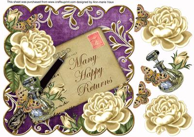 Cream Roses Dpurple Happy Returns 8in Decoupage Topper