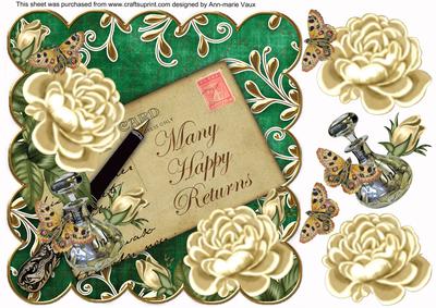 Cream Roses Dgreen Happy Returns 8in Decoupage Topper
