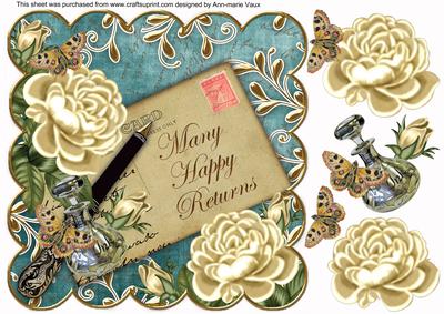 Cream Roses Dteal Happy Returns 8in Scallop Decoupage Topper