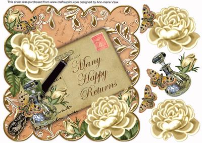 Cream Roses Peach Happy Returns 8in Scallop Decoupage Topper