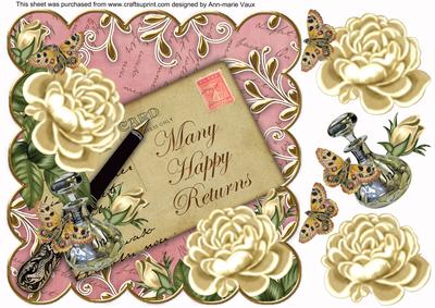 Cream Roses Pink Happy Returns 8in Scallop Decoupage Topper