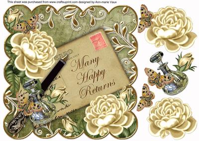 Cream Roses Olive Happy Returns 8in Scallop Decoupage Topper