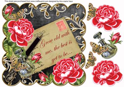 Cerise Roses Black Grow Old 8in Scallop Decoupage Topper
