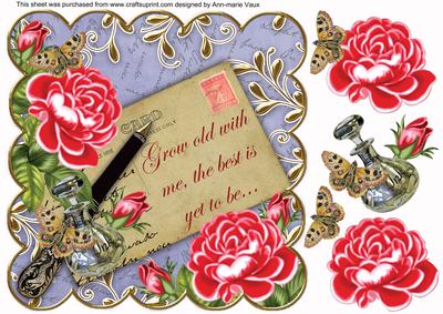Cerise Roses Blue Grow Old 8in Scallop Decoupage Topper