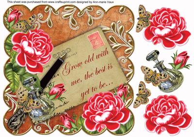 Cerise Roses Burnt Grow Old 8in Scallop Decoupage Topper
