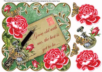 Cerise Roses Green Grow Old 8in Scallop Decoupage Topper