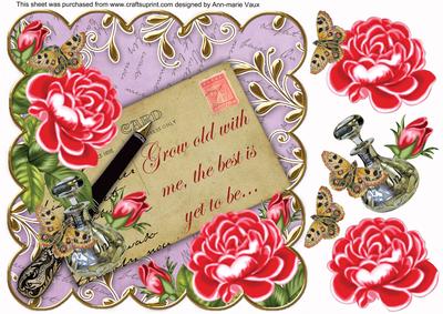 Cerise Roses Lilac Grow Old 8in Scallop Decoupage Topper