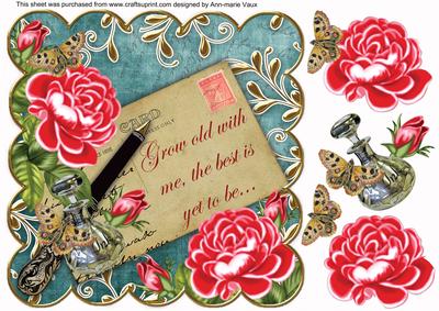 Cerise Roses Deep Teal Grow Old 8in Scallop Decoupage Topper