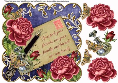 Pink Rose Dblue Friends Are Family 8in Decoupage Topper