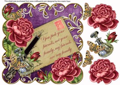 Pink Rose Dpurple Friends Are Family 8in Decoupage Topper